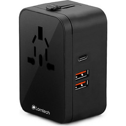 LAMTECH UNIVERSAL POWER TRAVEL ADAPTER 2XUSB 1XTYPE-C 20W BLACK