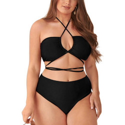 BLACK GODDESS Plus Size Μπικίνι με χιαστί δέσιμο και ψηλόμεσο κάτω μέρος ΜΑΥΡΟ
