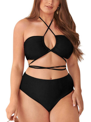 BLACK GODDESS Plus Size Μπικίνι με χιαστί δέσιμο και ψηλόμεσο κάτω μέρος ΜΑΥΡΟ