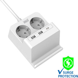 Πολύπριζο Well 2x Schuko και 2x USB A & 1x USB Type-C Wireless Charger 2m/3g1.5 με προστασία EXTS-2S