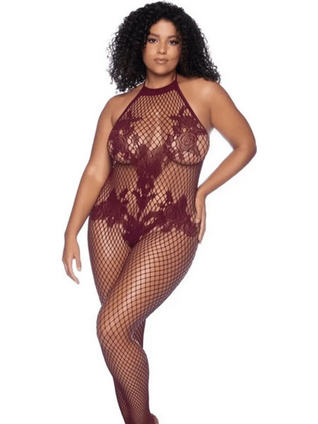 Mapale- Plus Size Cherry-Colored Fishnet Bodysuit- MAL1116XCHRY