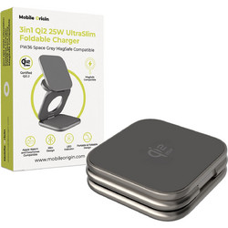 Mobile Origin PW36 3in1 Ασύρματος Φορτιστής Qi2 Pad με Θύρα USB-C 25W Grey