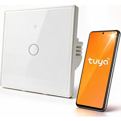 Qoltec 52715 Smart Touch 1-Gang Light Switch | Wi-Fi | Timer | Tuya | Smart Life | Tempered Glass | White