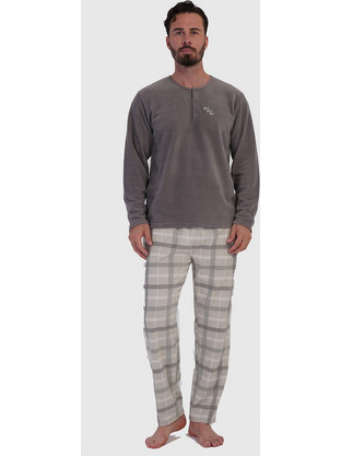 Vienetta Man Ανδρική χειμερινή fleece πυτζάμα με πατιλέτα και καρό παντελόνι-161949 Γκρι