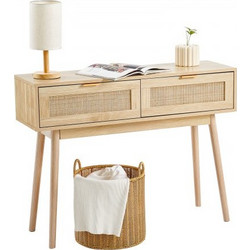 VEVOR Rattan Console Table with 2 Storage Drawers, Rattan Entryway Table with Natural Rattan Sliding Door, Console Sofa Table for Living Room, Study, Entryway Or TV Wall, Natural TBXGZ2CMSWGBDGULZV0