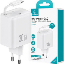 Usams CC241 Φορτιστής με Καλώδιο USB-C με Θύρα USB-C 30W Power Delivery White