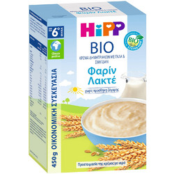 Hipp Bio Φαρίν Λακτέ Βιολογική Βρεφική Κρέμα με Γάλα και Σιμιγδάλι 6m+ Χωρίς Ζάχαρη 450gr