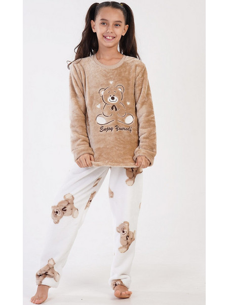 Vienetta Secret Παιδική Πιτζάμα Fleece Χειμωνιάτικη Μπεζ Λευκή 303063