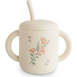 Mushie Εκπαιδευτικό Ποτήρι με Λαβές & Καλαμάκι Pink Flowers 175ml