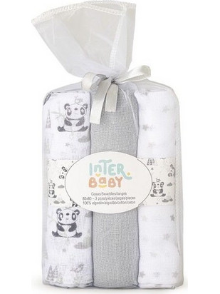 Interbaby Panda Πάνες Αγκαλιάς Γκρι Λευκές 80x80cm 3τμχ