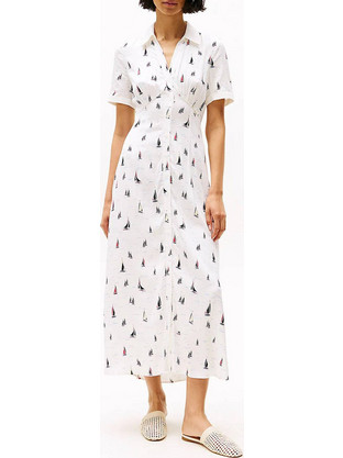 Tommy Hilfiger Midi Καλοκαιρινό Καθημερινό Φόρεμα Σεμιζιέ Μεταξωτό Λευκό WW0WW44668-0K5