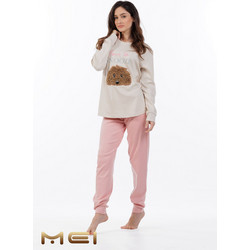 Mei Love To Snooze Σετ Γυναικείες Πιτζάμες Χειμωνιάτικες Βαμβακερές Εκρού Ροζ 802525