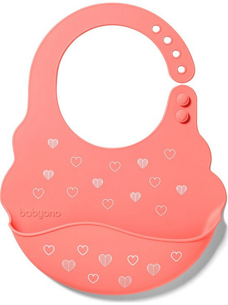 BabyOno Hearts Αδιάβροχη Σαλιάρα Σιλικόνης με Κουμπί & Τσέπη 6m+ Κοραλί