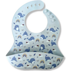 BabyCloud Whales Αδιάβροχη Σαλιάρα Σιλικόνης με Κουμπί & Τσέπη 4m+ Γαλάζια
