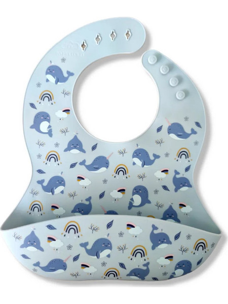 BabyCloud Whales Αδιάβροχη Σαλιάρα Σιλικόνης με Κουμπί & Τσέπη 4m+ Γαλάζια