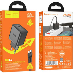 Hoco N35 Φορτιστής με Καλώδιο USB-C με 2 Θύρες USB-C 45W Power Delivery Black