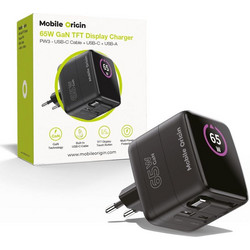 Mobile Origin PW3 Φορτιστής με Καλώδιο USB-C με Θύρα USB-A & Θύρα USB-C 65W Quick Charge 3.0 & Power Delivery