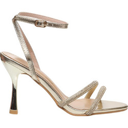 Envie Shoes Γυναικεία Πέδιλα Δερμάτινα Χρυσά με Λεπτό Ψηλό Τακούνι και Στρας E37-23170-59