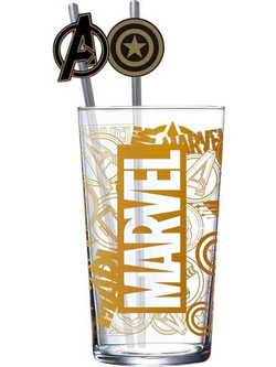 Marvel Ποτήρι Νερού Γυάλινo με Καλαμάκι Marvel Logo & Avengers 485ml 8412497311194