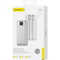Foneng PX136 Power Bank 20000mAh 22.5W με Ενσωματωμένα Καλώδια USB-C & Lightning Quick Charge 3.0 & Power Delivery Silver