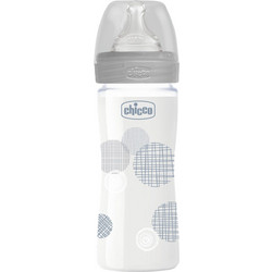 Chicco Well Being Γυάλινο Μπιμπερό με Θηλή Σιλικόνης κατά των Κολικών 0m+ Grey Circles 240ml 28721-30