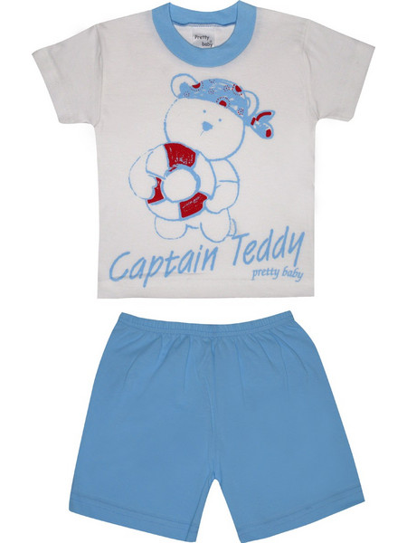 Βρεφική Καλοκαιρινή Πιτζάμα για Αγόρι Captain Teddy Λευκό-Σιέλ, Ψιλή Πλέξη Υφάσματος, Βαμβακερή 100% - Pretty Baby, pb-65311