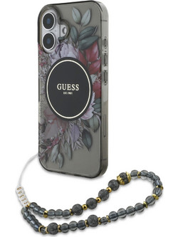Guess Flowers with Pearl Strap Magsafe Hard Case Black (iPhone 16)