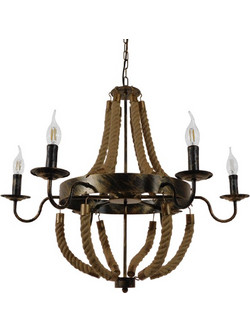 GloboStar(R) VICTORIAN 01404 Vintage Κρεμαστό Φωτιστικό Οροφής Πολύφωτο 6 x E14 Μπρούτζινο Σκουριά Μεταλλικό Πολυέλαιος με Μπεζ Σχοινί Φ76 x Y65cm