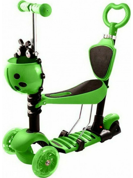 Glider Scooter 3 Θέσεων Αναδιπλούμενο Παιδικό Πατίνι Τρίτροχο με Κάθισμα & Φωτάκια Πράσινο
