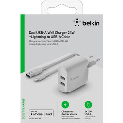 Belkin WCD001 Φορτιστής με Καλώδιο Lightning με 2 Θύρες USB-A 24W White