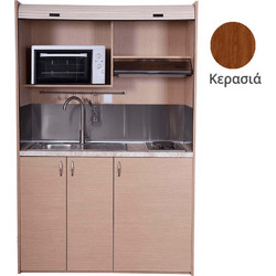 Πολυκουζίνα mini kitchen 140cm απόχρωση κερασιάς με δεξιά γούρνα για ξενώνες, γραφεία & φοιτητικά studio - ΚΣ140-ΚΕΡΑΣΙΑ