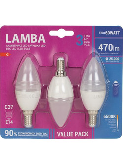 Λαμπτήρας LED E14 6W (C37) Ψυχρό Φως - 3 τμχ