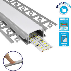 GLOBOSTAR(R) ALP-PLASTERIN GYPSO 70819-1M Χωνευτό Προφίλ Αλουμινίου Ειδικό για Γυψοσανίδα με Λευκό Γαλακτερό Πατητό Κάλυμμα για Ταινίες LED IP20 - Ασημί & Λευκό - Μ100 x Π6.7 x Υ1.3cm