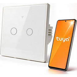 Qoltec 52716 Smart Touch 2-Gang Light Switch | Wi-Fi | Timer | Tuya | Smart Life | Tempered Glass | White