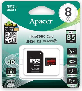Κάρτα Μνήμης Apacer R85 microSDHC 8GB Class 10 UHS-I + Adapter