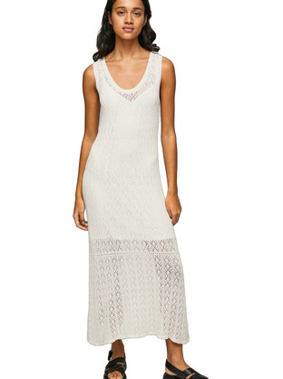 Pepe Jeans Farah Midi Καλοκαιρινό Καθημερινό Φόρεμα Πλεκτό Λευκό PL953257-800