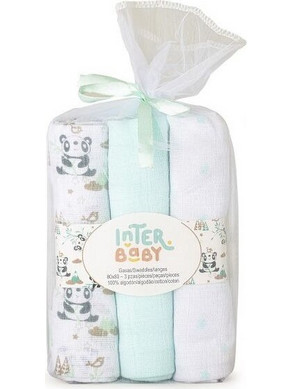 Interbaby Panda Πάνες Αγκαλιάς Πράσινο Mint Λευκές 80x80cm 3τμχ