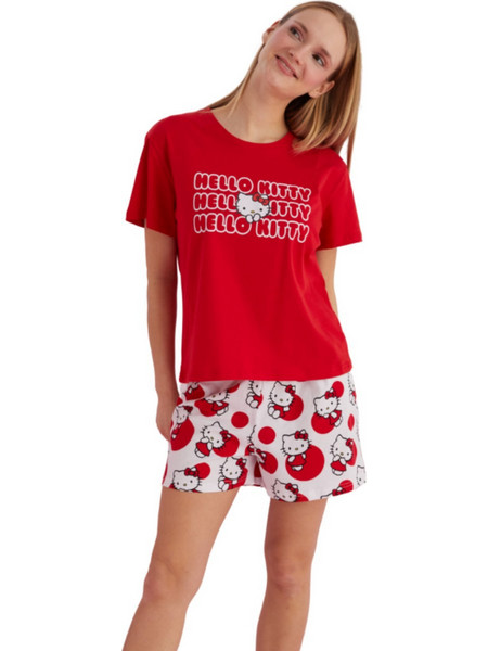 Hello Kitty Σετ Γυναικείες Πιτζάμες Καλοκαιρινές Βαμβακερές Κόκκινες 25990