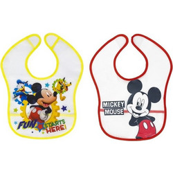 Interbaby Disney Mickey Σετ Αδιάβροχες Σαλιάρες Πλαστικές με Αυτοκόλλητο Κίτρινη Κόκκινη 2τμχ