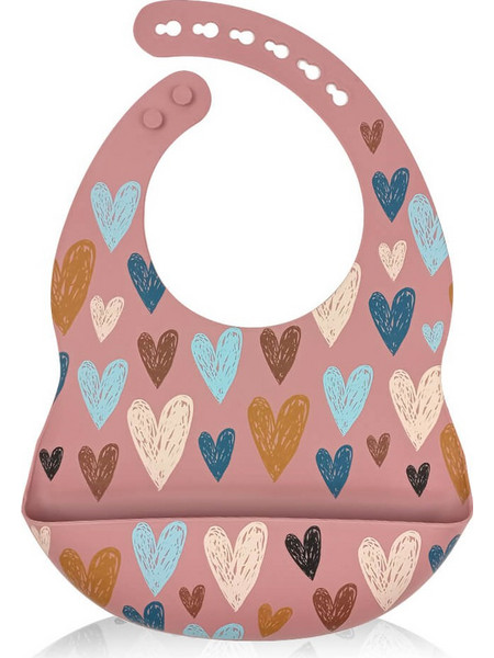 BabyCloud Hearts Αδιάβροχη Σαλιάρα Σιλικόνης με Κουμπί & Τσέπη 4m+ Ροζ