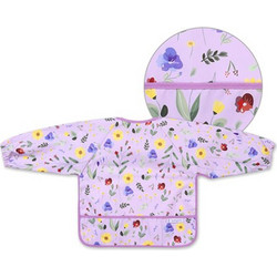 BabyOno Garden Αδιάβροχη Σαλιάρα Ποδιά Υφασμάτινη με Αυτοκόλλητο Τσέπη & Μανίκια 6m+ Λιλά