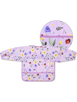 BabyOno Garden Αδιάβροχη Σαλιάρα Ποδιά Υφασμάτινη με Αυτοκόλλητο Τσέπη & Μανίκια 6m+ Λιλά