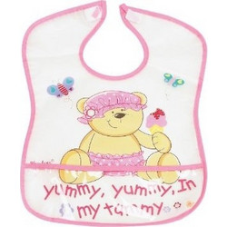 Playshoes Yummy Bear Αδιάβροχη Σαλιάρα Πλαστική με Αυτοκόλλητο & Τσέπη Λευκή Ροζ