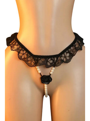 AnnaMu Γυναικείο Sexy String Αυτοκινήτου με Δαντέλα & Πέρλες Μαύρο A-1119