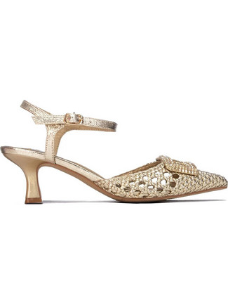 Xti Γόβες Slingback Δερμάτινες με Λεπτό Χαμηλό Τακούνι & Στρας Χρυσές 145431
