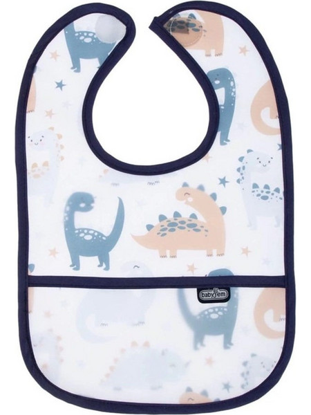 Baby Jem Dinosaur Αδιάβροχη Σαλιάρα Πλαστική με Αυτοκόλλητο & Τσέπη 6m+ Navy Μπλε