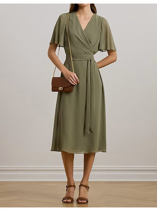 Lauren Ralph Lauren Midi Καλοκαιρινό Φόρεμα για Γάμο / Βάπτιση Κρουαζέ Χακί 253911848007