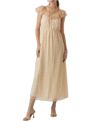 Vero Moda Midi Καλοκαιρινό Βραδινό Φόρεμα Floral Μπεζ 10289507