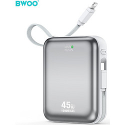 Bwoo P77 Power Bank 10000mAh 45W με Ενσωματωμένα Καλώδια USB-C & Lightning Power Delivery Grey