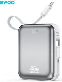 Bwoo P77 Power Bank 10000mAh 45W με Ενσωματωμένα Καλώδια USB-C & Lightning Power Delivery Grey